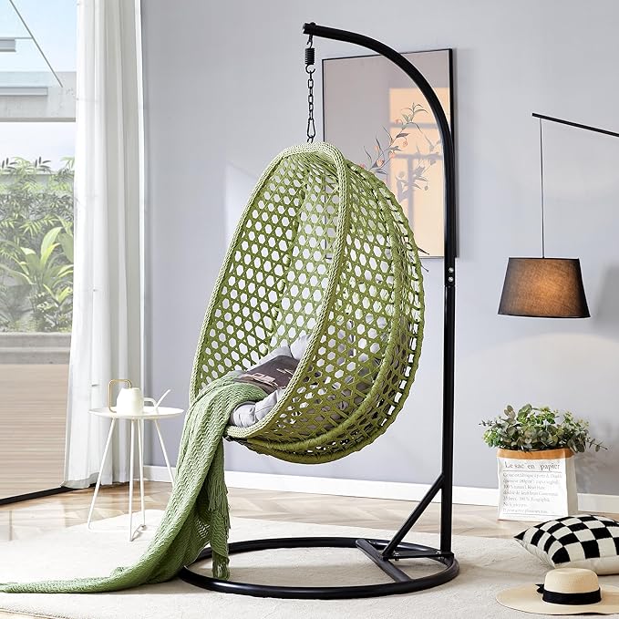 JUFU Egg Swing Chair with Stand for Outdoor and Indoor, Patio Hanging Basket Chair with Cushions and Pillow, Hammock Chair for Bedroom, Balcony, Garden,Durable Aluminum Steel Frame