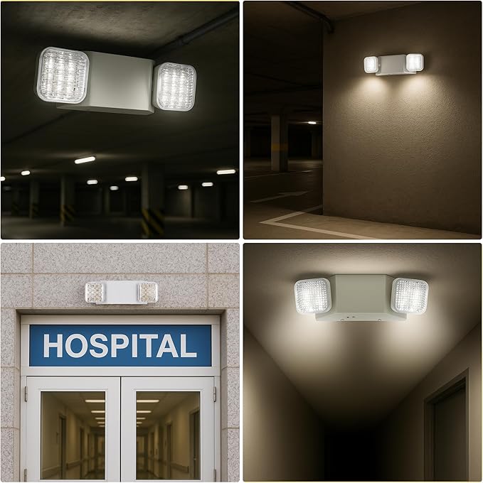 GRUENLICH LED Commercial Emergency Light with Dual Head and Backup Battery, US Standard, AC 120-277V, Hardwired Emergency Light Fixtures for Business Office Power Outages, 4-Pack