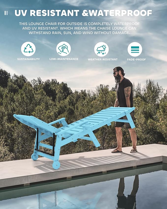 SERWALL Patio Chaise Lounge Chair, 5 Positions Adjustable HDPE Outdoor Lounge Chair, Poly Lounge Chair with Rolling Wheels & Cup Holder, Light Blue