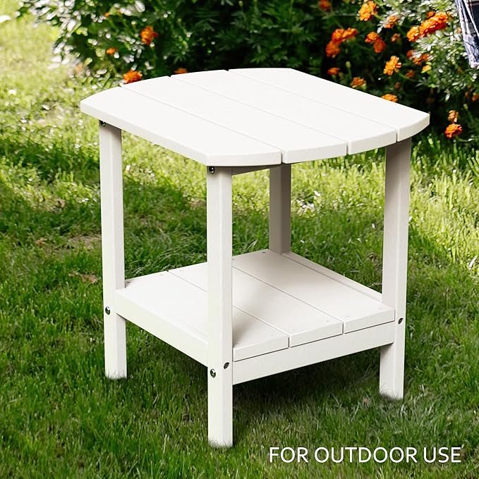 TORVA Patio Adirondack Side Table, Outdoor End Tables All-Weather Resistant HDPE Humidity-Proof Long Time Use for Deck, Lawn,Garden, Porch, Backyard End Table(White Color)(2 Tier)