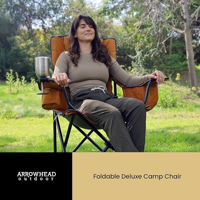 ARROWHEAD OUTDOOR Portable Folding Camping Quad Chair w/ 6-Can Cooler, Cup & Wine Glass Holders, Heavy-Duty Carrying Bag, Padded Armrests, Headrest & Seat, Supports up to 550lbs, USA-Based Support