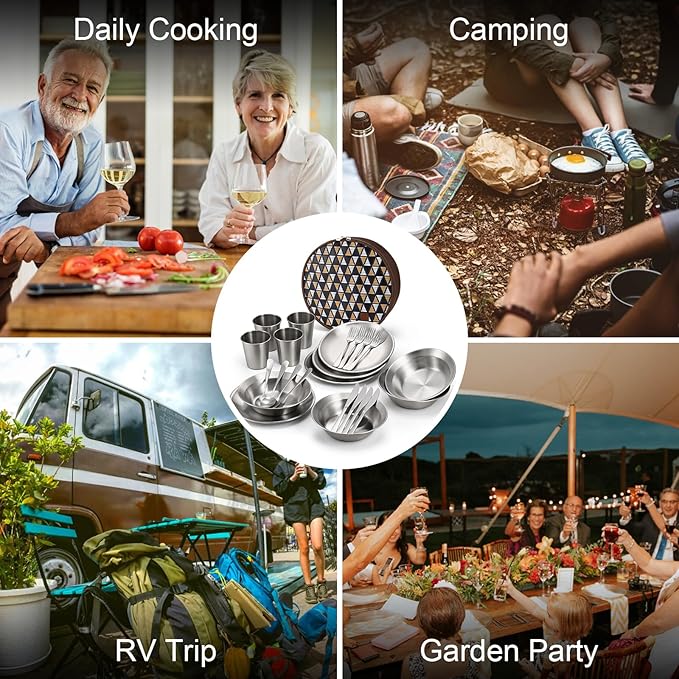 Odoland Camping Complete Messware Kit, Polished Stainless Steel Camp Dinnerware, Camping Cooking Tableware, Cutlery Organizer Utensil with Plates and Bowls Set for Backpacking, Hiking, Picnic Picnic.