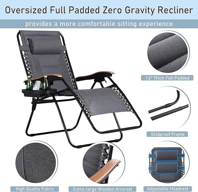 PHI VILLA XXL Oversized Padded Zero Gravity Chair, Foldable Patio Recliner, 30" Wide Seat Anti Gravity Lounger with Cup Holder, Support 400 LBS (Gray)
