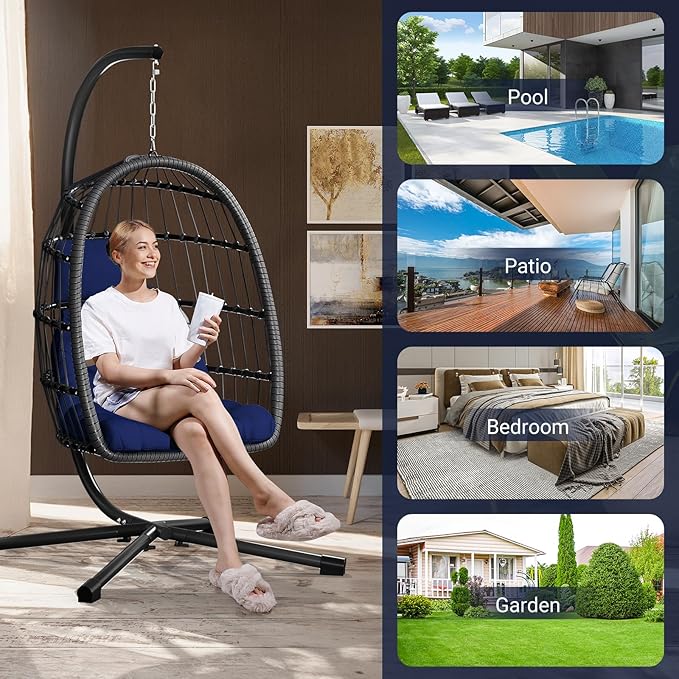 LEVELEVE Egg Chair with Stand,Patio Rattan Wicker Hanging Swing Egg Chair Hammock Chair for Porch Garden,Thickened Aluminum Alloy Steel Frame and UV Resistant Cushion,350LBS Capacity(Dark Blue)
