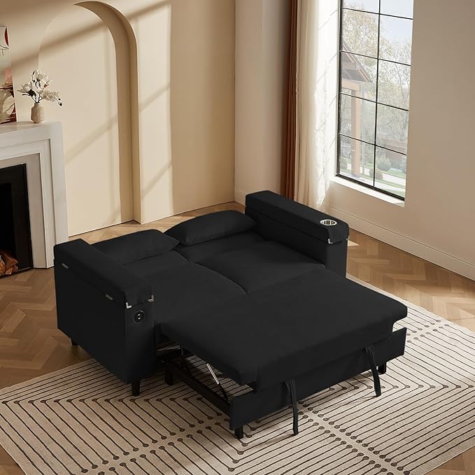 66" Pullout Couch Sleeper Sofa with Hidden Side Table, Storage Armrests & USB Charging – Convertible Sofa Bed with Spring Mattress & Wood Frame, Great for Small Spaces (ZY-2027-Black)