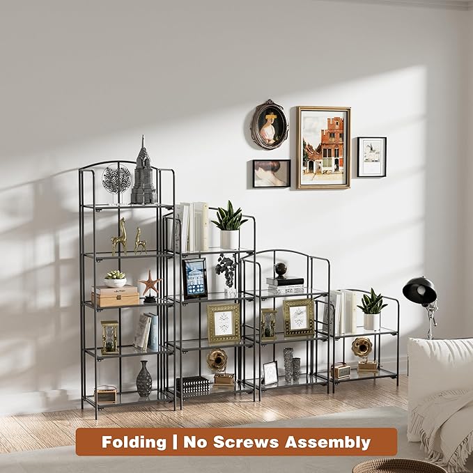 Crofy No Assembly Folding Bookshelf for Living Room, 3 Tier Black Collapsible Book Shelf for Home Office, Portable Bookcase Storage Organizer