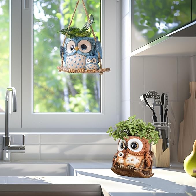Unique Owl Plant Pots Indoor, Cute Small Succulent Pots with Drainage Hole, Rocking Chair Planters for Outdoor Indoor Plants, Resin Flower Pot for String of Pearls, Gift Ideas for Mother