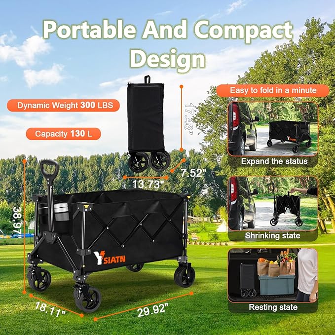 Collapsible Wagon Cart with Brake, Foldable Wagon Cart with All Terrain Wheels, Large Grocery Carts On Wheels, Heavy Duty Utility Wagons for Shopping Beach Sports Fishing Camping, 130L, Black