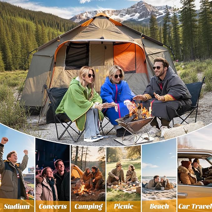 Outdoor Camping Blanket, Poncho Wearable Hoodie Blankets, Waterproof & Windproof, 75 * 55 inch, Warm, Durable & Portable, for Stadium, Concerts, Car Travel, Beach, Picnic, Grass