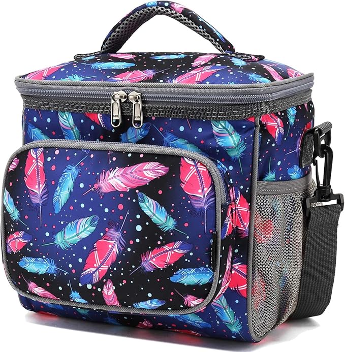 FlowFly Insulated Reusable Lunch Bag Adult Large Lunch Box for Women and Men with Adjustable Shoulder Strap,Front Zipper Pocket and Dual Large Mesh Side Pockets,Feather