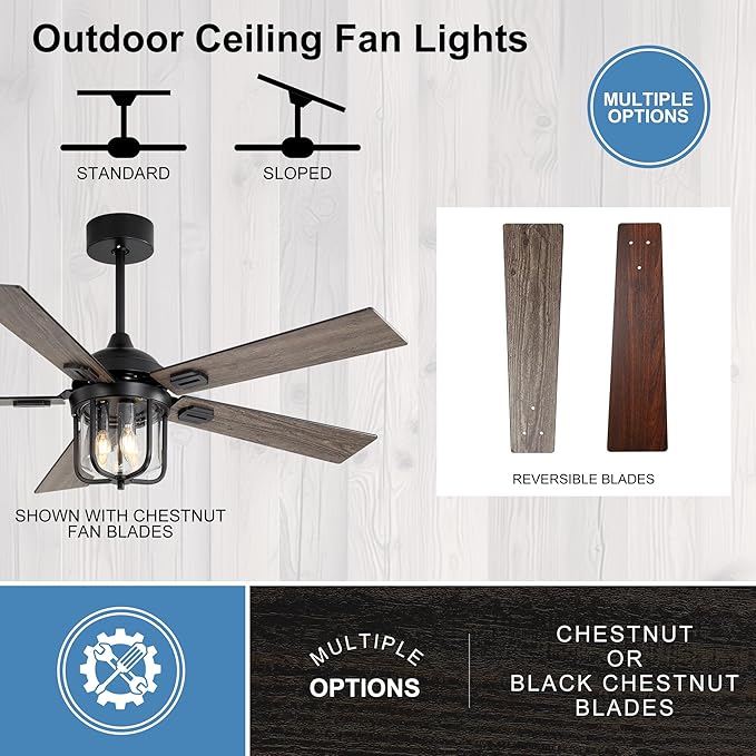 52-Inch Outdoor Waterproof Ceiling Fan with Light and Remote Control, Suitable for Use on Terraces and Porches. It Has a Timing Function (1/2/4/8H)(Walnut)