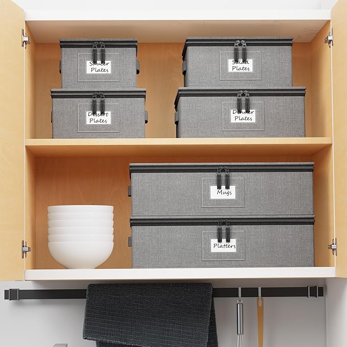 SpaceAid China Storage Containers 6 Pack, Stackable Hard Shell Quilted Cases with Soft Plate Separators, Moving Supplies Packing Boxes for Dishes, Plates, Platters, Mugs, Cups (Grey)