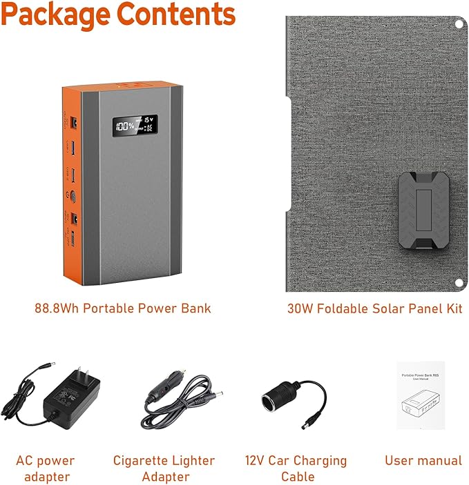Portable Power Bank with AC Outlet 65W 110V External Battery Pack, 24000mAh Portable Laptop Charger with 30W Foldable Solar Panel Power Supply for Smart devices Outdoor Camping RV Off Grid-Orange