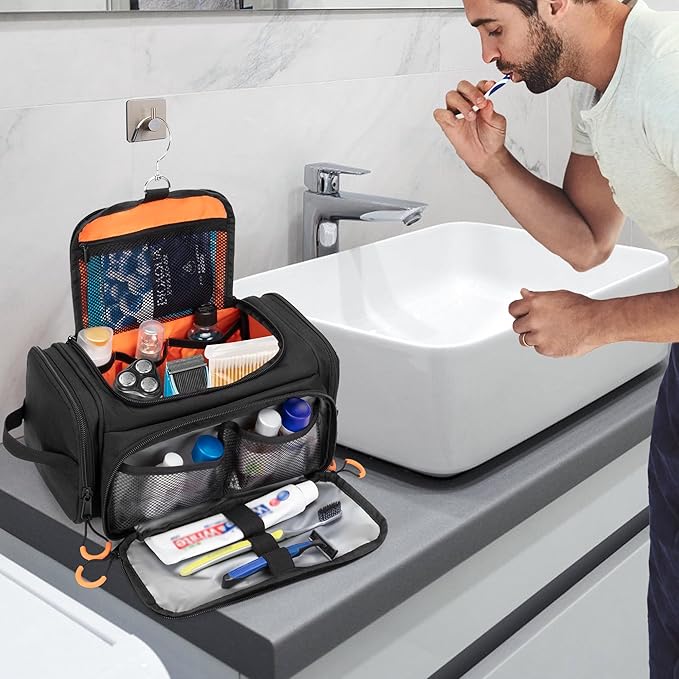 Tactical Toiletry Bag for Men, Hanging Hygiene Bag, Travel Dopp Kit Organizer for Shaving, Shower Essentials and Toiletries, Black (Empty Bag)