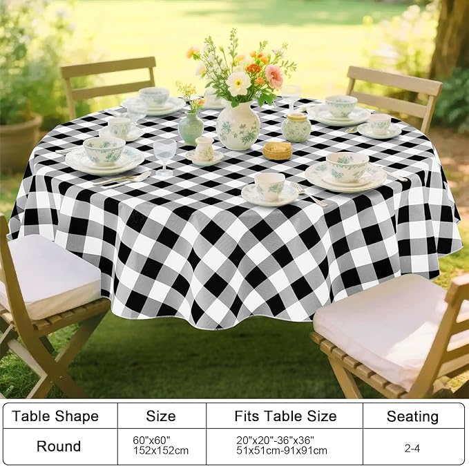 Smiry Round Plastic Table Cloth, Waterproof Vinyl Tablecloth with Flannel Backing, Wipeable Buffalo Plaid Table Cover for Dining, Indoor and Outdoor (Black & White, 60" Round)