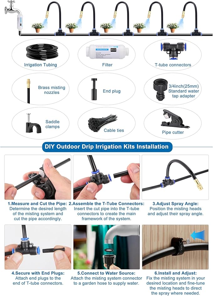 Mornajina Automatic Drip Irrigation Kits Garden Irrigation System, Includes Calcium Inhibitor Filter & 66FT 5/16 inch Irrigation Tubing Hose & 20Pcs 360° Bending Dropper Atomizing Mist Nozzles Tee