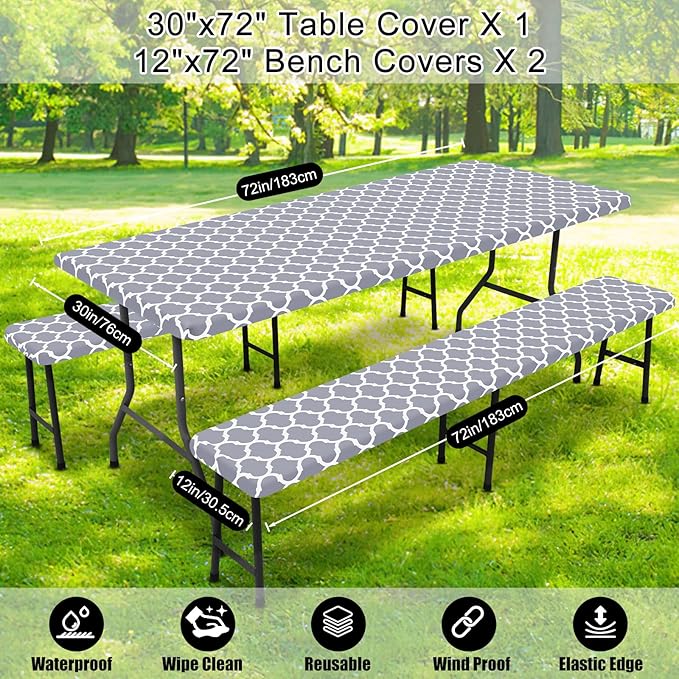 Smiry Picnic Table Cover with Bench Covers, Waterproof Elastic Fitted Tablecloth for 6 Foot Tables, Washable Polyester Tablecloths for Camping, Indoor & Outdoor (Grey Morocco, 30x72 Inch 3-pc Set)