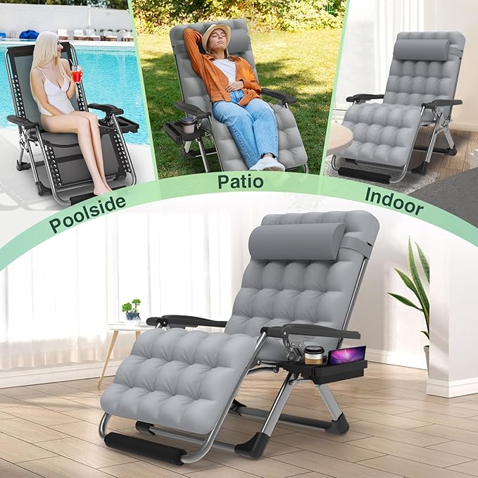 Suteck Oversized Zero Gravity Chair,33In XXL Lounge Chair w/Removable Cushion&Headrest, Reclining Camping Chair w/Upgraded Lock and Footrest, Reclining Patio Chairs Recliner for Indoor Outdoor,500LBS