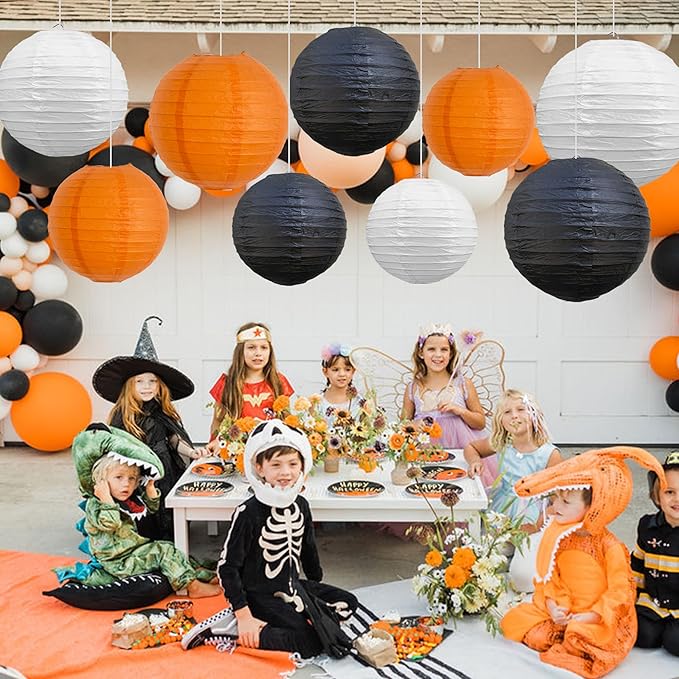 BEISHIDA 12Pcs Orange Black White Paper Lanterns Decorative Chinese/Japanese Hanging Round Paper Lanterns Lamp for Halloween,Birthday, Wedding, Christmas, Bridal,Home Decor, Party Decoration