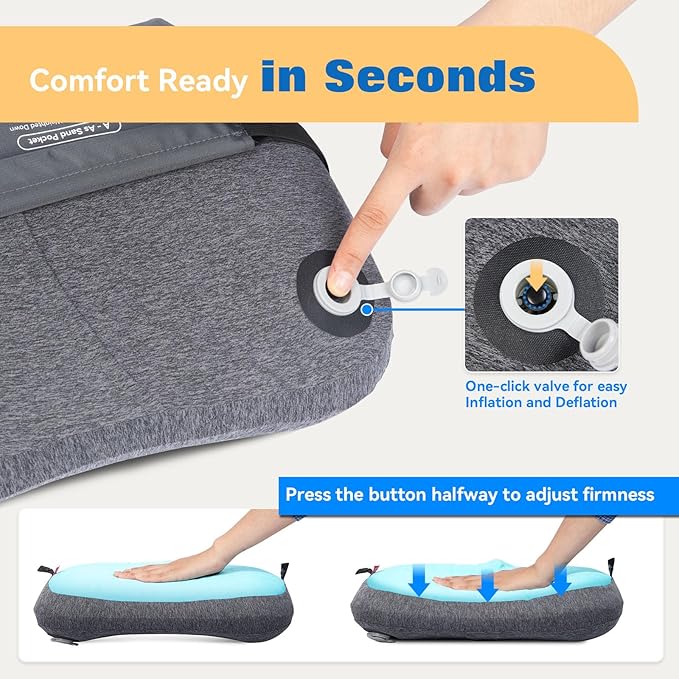 Hikenture Beach Pillow for Sand, Washable Inflatable Pillows for Pool, Portable Camping Pillows with Removable Cover, Soft Air Sand Pillow Built-in Sandbag for Backpacking, Beach Chair