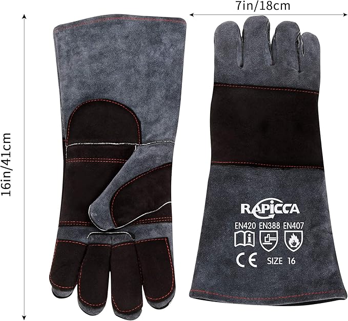 RAPICCA Animal Handling Gloves Bite Proof Double Leather Reinforced Padding Dog,Cat Scratch,Bird Handling Falconry Gloves Grabbing Reptile Squirrel Snake Bite 16in Grey-Black