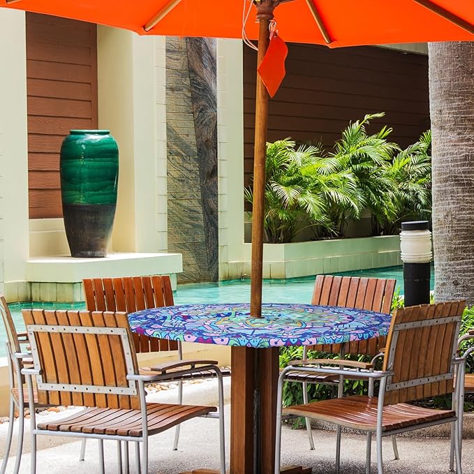 2 Pcs Round Outdoor Tablecloth with Umbrella Hole - Anti-Wrinkle Polyester Tablecloth with Elastic Zipper Table Cover for Summer Patio Camping Party(36''-44'',Mandala)