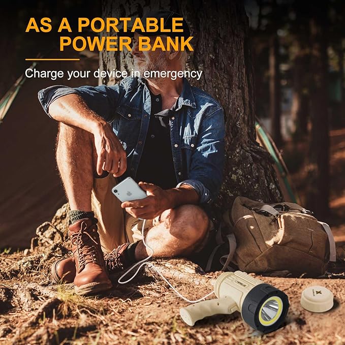 YIERBLUE Rechargeable Spotlight Floodlight Combo High High Lumen LED, IP67 Waterproof Spot Light COB Flood Light, Impact Resistant Handheld Spotlight with Foldable Stand and Detachable Red Lens