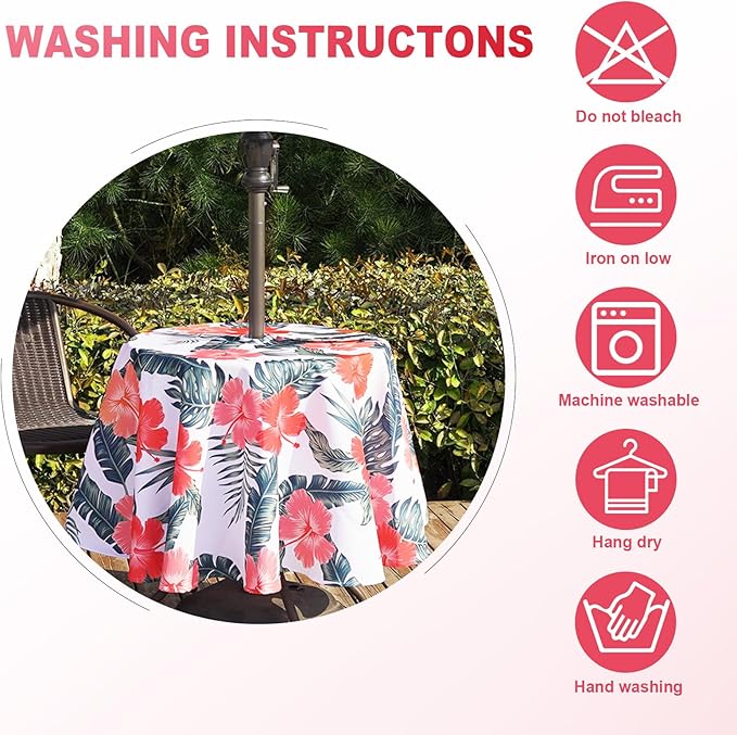 SquarePie Round Outdoor Talecloth, 60'' Waterproof Spill Proof Patio Table Cloth Cover with Umbrella Hole and Zipper for Spring Summer Party Picnic,Palm Leaf Red Flower