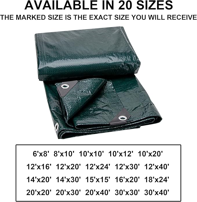 CARTMAN Finished Size 16x20 Feet Waterproof Green Tarp 8 Mil Thick, Multipurpose Protective Cover for Emergency Rain Shelter Camping Tarpaulin