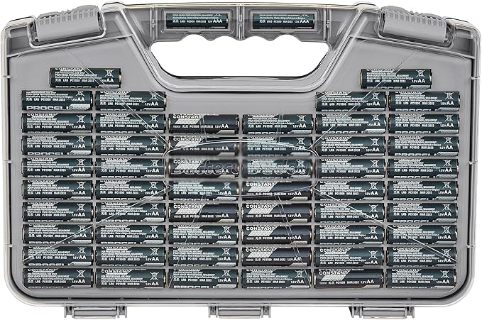 Ontel Battery Daddy Storage & Organizer Case with Tester, Stores & Protects Up to 180 Batteries, Double-Sided, Durable Design W/Clear Locking Lid, Secure Latches & Portable Carrying Handle- Warm Grey