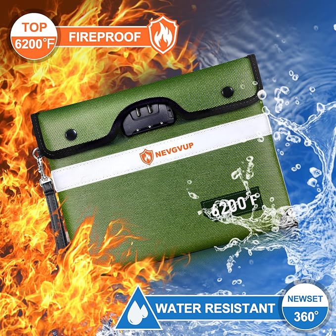 Upgraded 6200°F Fireproof Document Bag with Lock, Fire proof Money Bag for Cash with Zipper/Reflective Strip, 9 Layer of Heat Insulated Material, Water Resistant Fireproof Bags for Documents,Safe Bags