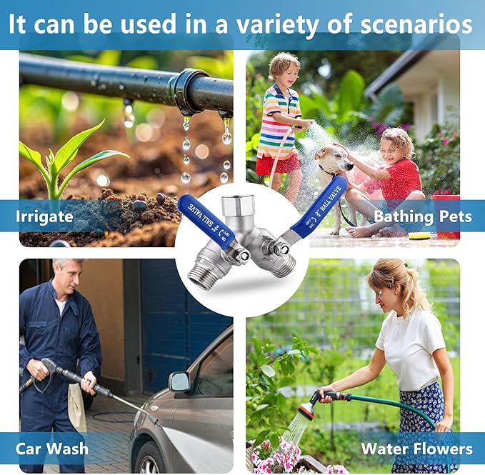 304 Stainless Steel Garden Hose Splitter 2 Way Heavy Duty, Full Flow Y Valve Water Hose Splitter With Long Handle, Lead-free,3/4" GHT Thread