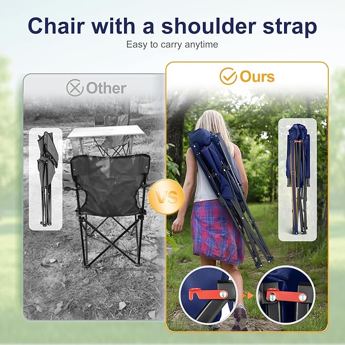 LET'S CAMP Oversized Camping Chairs 29.52" High Back Heavy Duty Lawn Chair Support 500LBS, Portable Collapsible Chair with Cup Holder, Side Pocket,2 Pack(Blue)