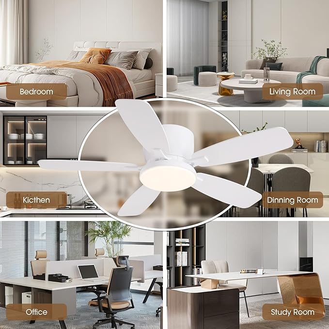 Ceiling Fans with Lights, 44" Low Profile Ceiling Fan with Light Remote Control, 6 Speed 35dB Ultra Quiet Smart Ceiling Fan with Reversible DC Motor, Dimmable 3CCT LED for Bedroom/Living Room (White)