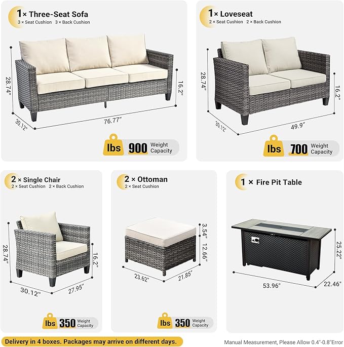 ovios 7 Pieces Patio Furniture Set with 54" Fire Pit Table, Outdoor Wicker Sofa with Comfy Cushions, All Weather High Back Rattan Couch Conversation Set, Beige