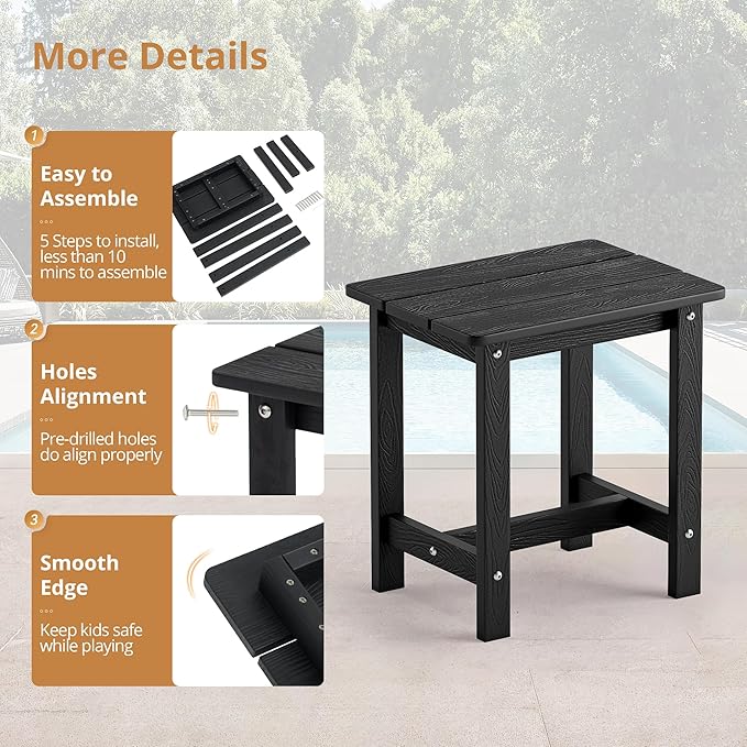 LUE BONA Outdoor Side Table, HDPS Small Outdoor Adirondack Side Tables, Outside End Table for Patio, Porch, Deck, Pool, Weather Resistant/Easy Maintenance, Black