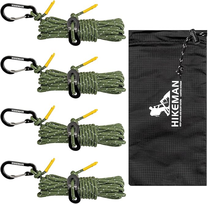 HIKEMAN Reflective Tent Rope Guyline - 4M Camping Guide Ropes,3mm Tent Guy Ropes Cord with Aluminum Tensioners Adjuster for Outdoor Camping Hiking Caravan Awning Tents (Army Green, 3mm)