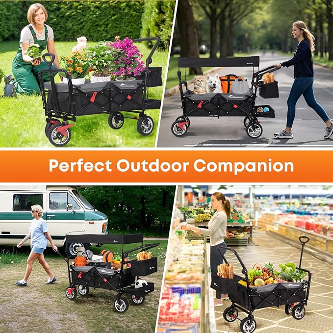 Wagon Cart with Removable Canopy,Collapsible Foldable Wagon, Heavy Duty Utility Outdoor Foldable Garden Cart with Wheels, Adjustable Handle, Outdoor Utility Wagon, Black