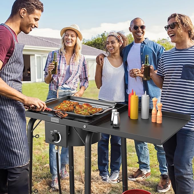 ROVSUN Single Burner Gas Stove with Side Shelf, 100,000BTU Portable Propane Stove with Removable Leg & Regulator for Camping Home Backyard Outdoor Cooking Brewing Canning Turkey Frying