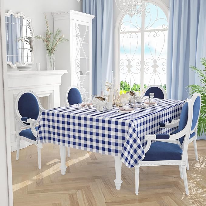 misaya Rectangle Waterproof Vinyl Table Cloth, Buffalo Flannel Backed Tablecloth, Wipeable Plastic Table Cover for Dinner, Kitchen, Outdoor (60" x 144", White and Navy)