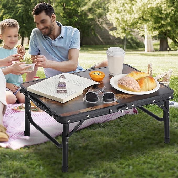 RedSwing Small Folding Table with Side Pocket Adjustable Height, Lightweight and Portable Aluminum Frame Camping Table for Outdoor Indoor Picnic, 2 Feet, Brown Wide Wood Grain