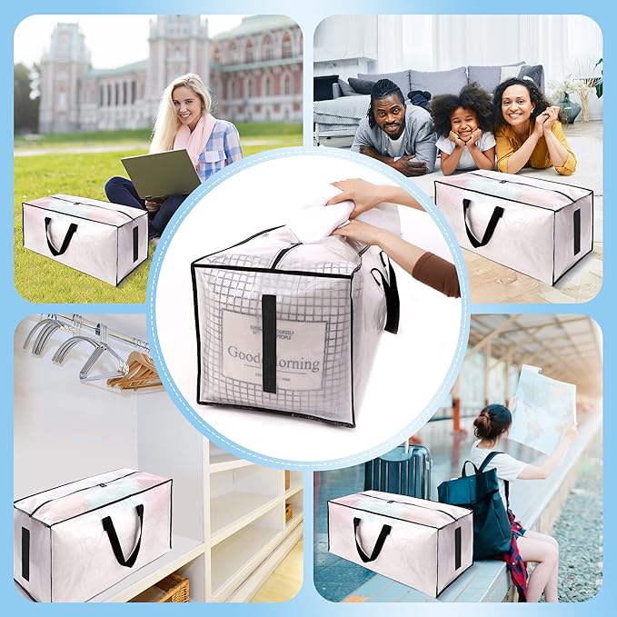 4 Pack Large Strong Moving Bags with Zippers & Carrying Handles - Water-Resistant - Heavy Duty Storage Tote for Space Saving, Fold Flat, Alternative to Moving Box (Semi-Transparent)