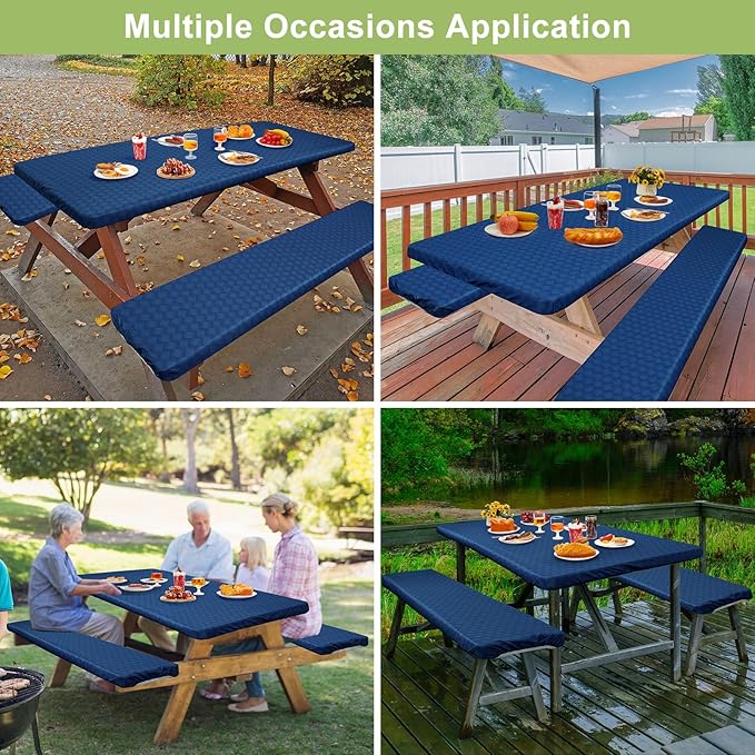 Picnic Table Cover with Bench Covers Camping Essentials Waterproof Windproof Camping Tablecloth with Drawstring Bag, Fitted Rectangle Tables and Seats, 60in, Deep Blue