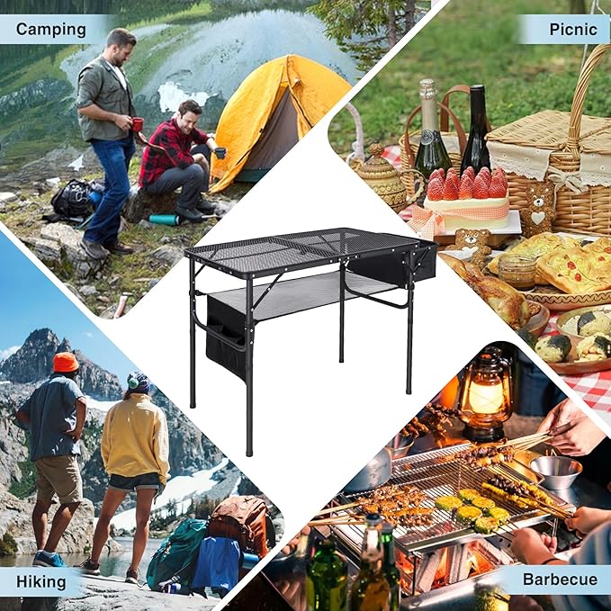 RedSwing Portable Grill Table with Sink for Outside, Aluminum Frame Folding Grill Stand Table for Outdoor Camping Picnic BBQ, Lightweight Adjustable Height, 36 x 20 x 31 Inches, Black