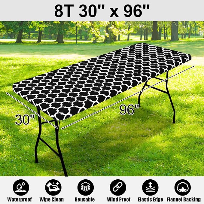 Smiry Rectangle Picnic Table Cover, Waterproof Elastic Fitted Camping Tablecloths for 8 Foot Tables, Wipeable Flannel Backed Vinyl Tablecloth Protector for Indoor, Outdoor (Black, 30x96 Inches)