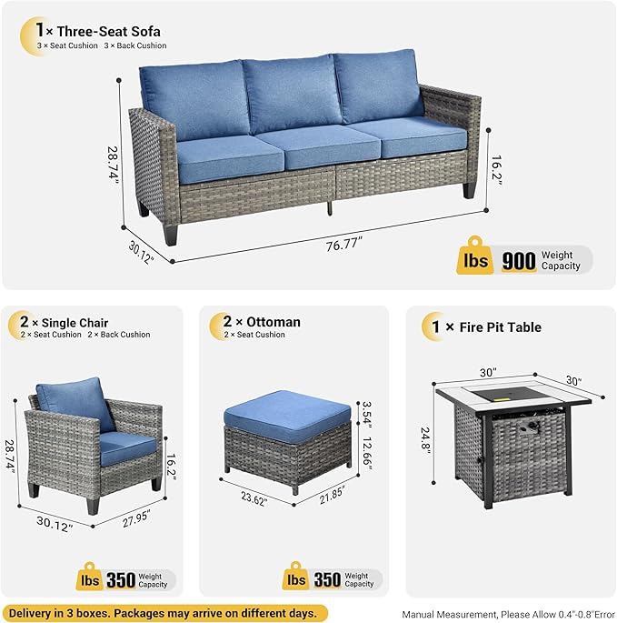 ovios 6 Pieces Patio Furniture Set with 30" Fire Pit Table, Outdoor Wicker Sofa with Comfy Cushions, All Weather High Back Rattan Couch Conversation Set, Denim Blue