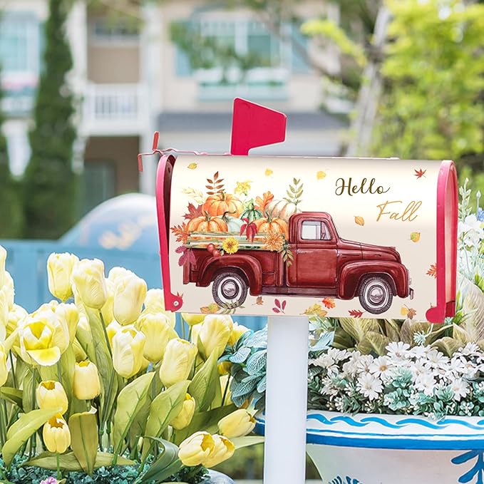 Hello Fall Mailbox Cover Magnetic Autumn Pickup Truck with Pumpkins Letter Box Standard Size 21x18 Inch Happy Harvest Festival Thanksgiving Decorative Waterproof Post Box Covers for Garden Yard
