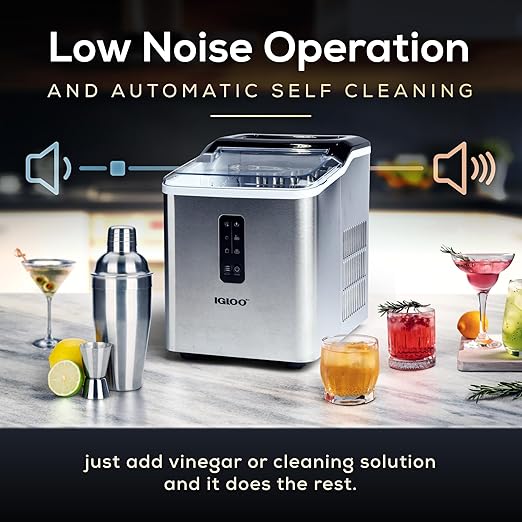 Igloo Automatic Ice Maker, Self-Cleaning, Countertop Size, 26 lbs in 24 Hours, 9 Large or Small Ice Cubes in 7 Minutes, LED Control Panel, Scoop Included, Great for Water Bottles, Stainless Steel