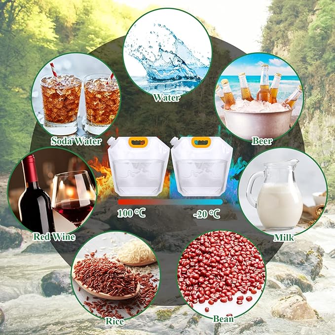 Tessco 12 Pack 1.3 Gallon Collapsible Water Storage Bag Water Container Bag Emergency Jug Foldable Plastic Storage Pouch Freezable Carrier Tank for Outdoor Sport Camping(Clear,Classic)