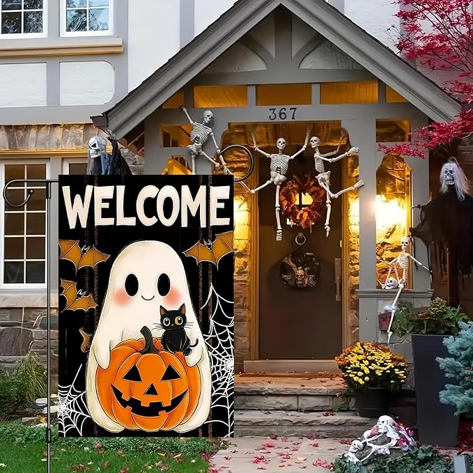 Halloween Garden Flag 12X18 Inch Double Side,Pumpkin Ghost Yard Flag, Welcome Jack O Lantern Small Garden Flag,Yard Outdoor Flag for Holiday Outside Patio Lawn Decoration